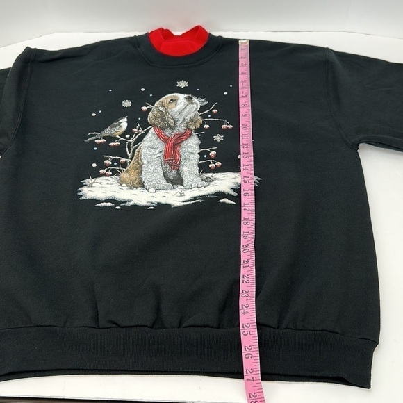 Jerzees Puppy Bird Snowflakes Winter Scene Sweatshirt Mock Neck Large Black Cozy - Picture 12 of 15